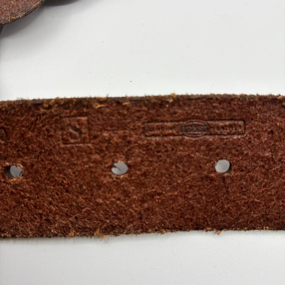 Fossil Brown Leather Belt Womens S Linked Disc Antique Brass Boho Festival